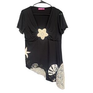 Crazy Fish Shirt Junior Small Black Beaded Crochet Ocean Sharkbite Tunic Top Y2K